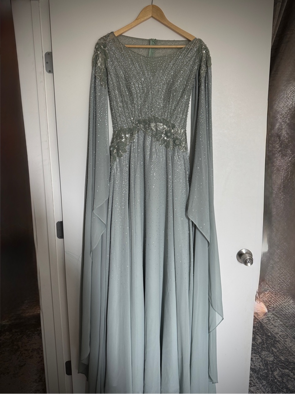 Dubai Elegant Sage Green Maxi Dress with Sparkle Detail